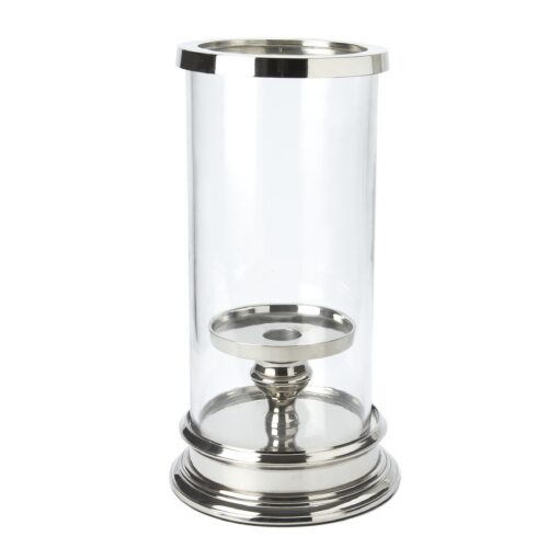 Glass and Silver Cylinder Hurricane Lamp