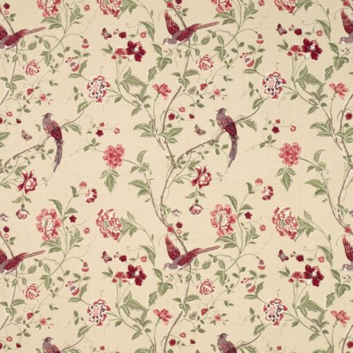 Summer Palace Cranberry Red Floral Linen/ Curtain Fabric